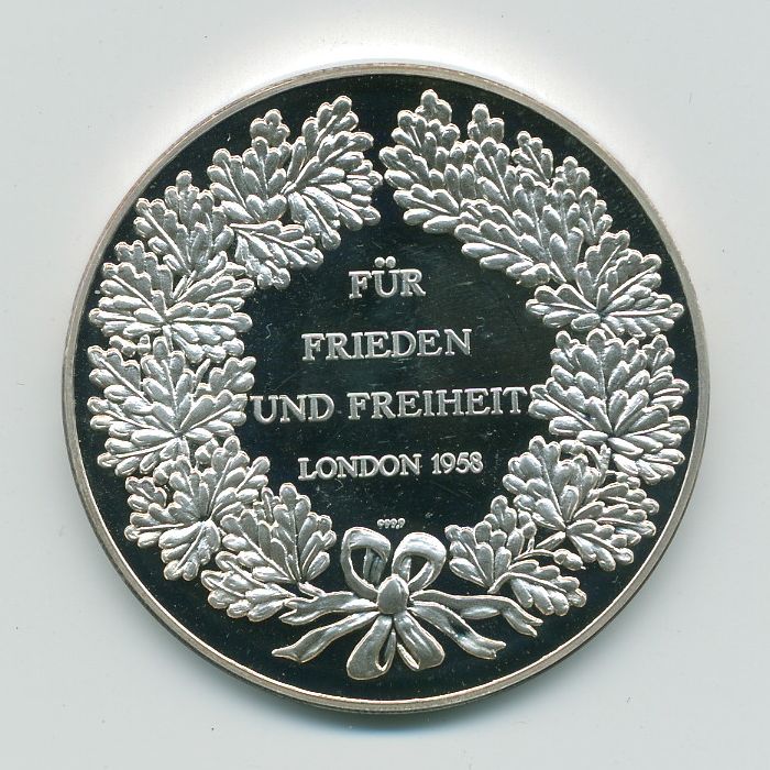 Medaille mit Text: "Für Frieden und Freiheit - London 1958"