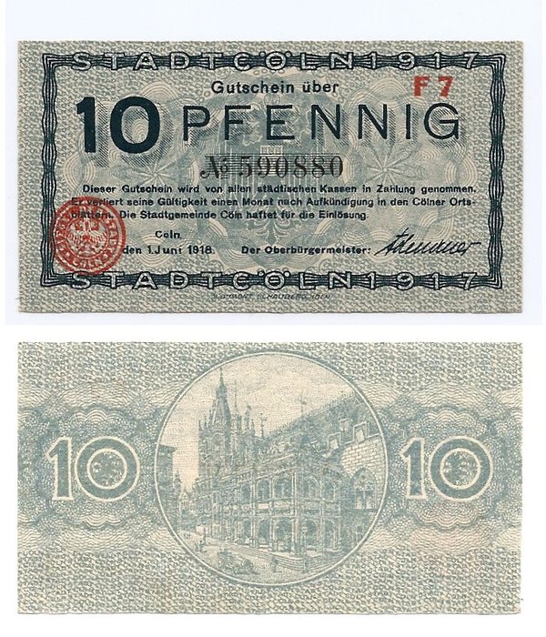 Abbildung der Vorder- und Rückseite eines Notgeldscheins der Stadt Köln über 10 Pfennig