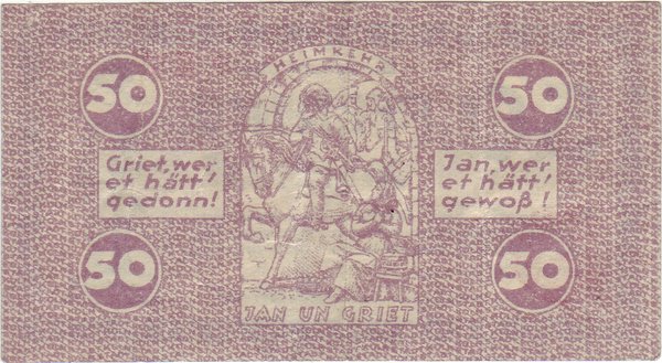 Abbildung der Rückseite eines Notgeldscheins der Stadt Köln über 50 Pfennig