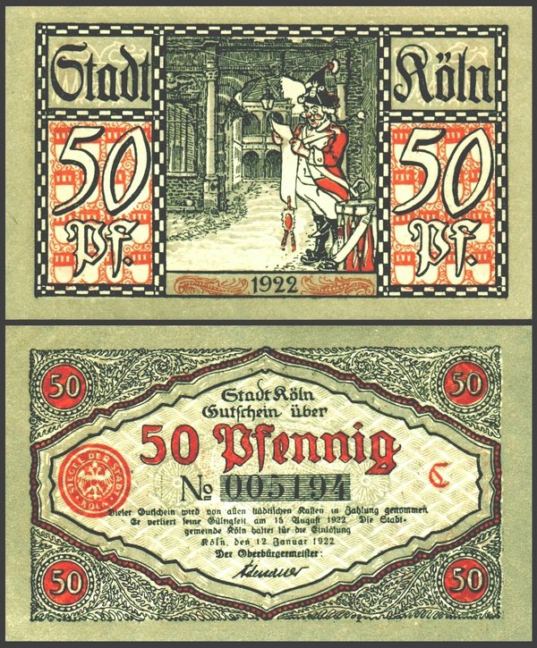 Abbildung der Vorder- und Rückseite eines Notgeldscheins der Stadt Köln über 50 Pfennig