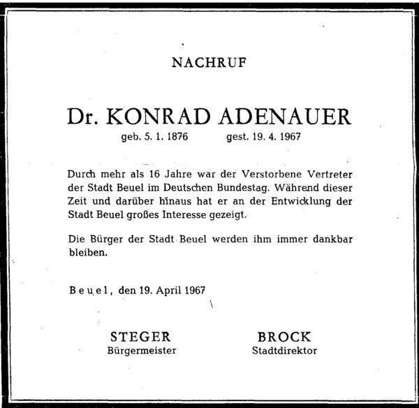 Traueranzeige für Konrad Adenauer