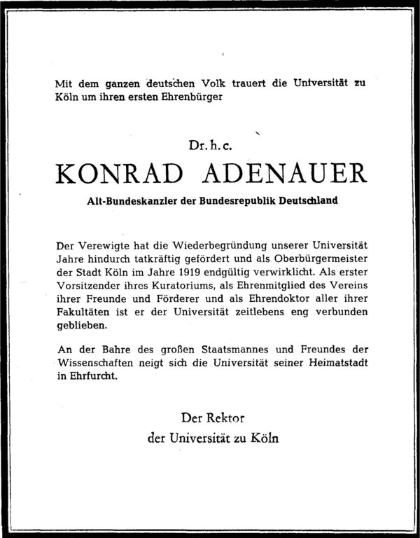 Traueranzeige für Konrad Adenauer