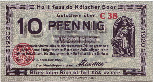 Abbildung der Vorderseite eines Notgeldscheins der Stadt Köln über 10 Pfennig