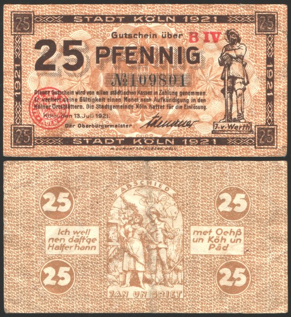 Abbildung der Vorder- und Rückseite eines Notgeldscheins der Stadt Köln über 25 Pfennig