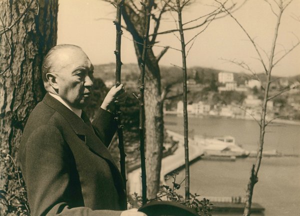 Schwarz-Weiss-Aufnahme von Konrad Adenauer an einem Baum mit Blick über einen Hafen
