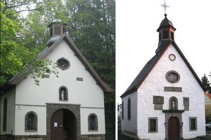 Frontansichten Kapelle St. Michael in Banneux (li.) und Kapelle Mariä Heimsuchung in Rhöndorf