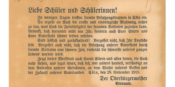 Handschrift: Aufruf Konrad Adenauers an die Kölner Schüler