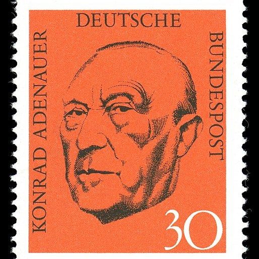 Zeichnung Adenauers auf roter Briefmarke