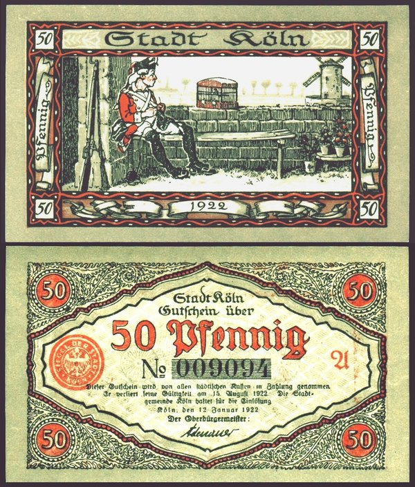 Abbildung der Vorder- und Rückseite eines Notgeldscheins der Stadt Köln über 50 Pfennig